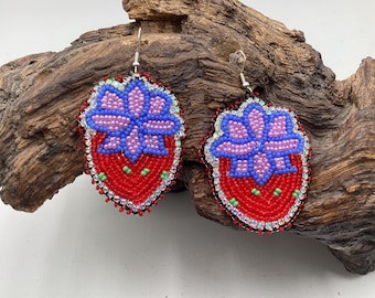 Hand Beaded Strawberry Earrings: Anishinaabe/Ojibwe Beadwork