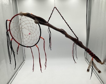 Large Red and Black Anishinaabe Dreamcatcher & Diamond Willow Dance Stick - Anishinaabe/Ojibwe made - Free Shipping