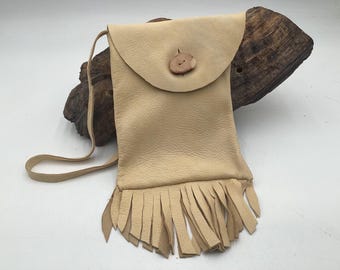 Hand Made Tan Leather Bag - Authentic Anishinaabe/Ojibwe Made - Free Shipping