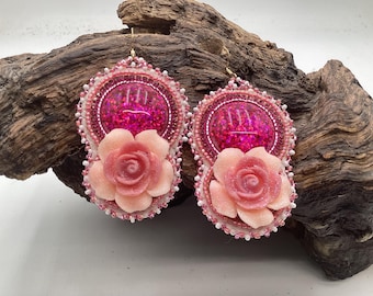 Hand Beaded Double-Centered Flower Earrings: Anishinaabe/Ojibwe Beadwork