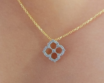 14K Gold Clover Diamond Necklace – Dainty Four Leaf Clover Pendant, Real Diamond Necklace, Lucky Fine Jewelry Gift