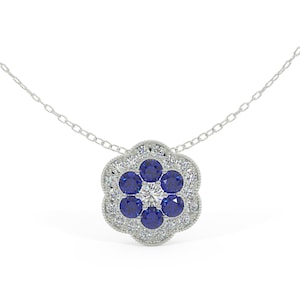 White Gold Necklace, Diamond Necklace, Blue Sapphire Necklace,  White gold Pendant, Flower Necklace, Diamond Flower Pendant, Dainty necklace