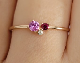 Pink Sapphire Cluster Ring, 14k Gemstone ring, Multi stone ring, 14k Solid Gold Pink Sapphire And Diamond Ring, Dainty Ring, Pink Ring