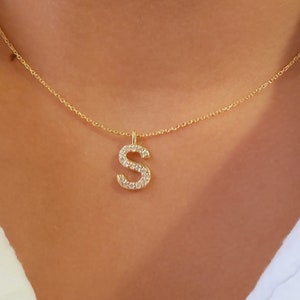 Collar inicial de diamantes de oro de 14 k, collar de letras de diamantes, collar de diamantes inicial delicado, encanto inicial, colgante de letras, oro blanco de 14 k