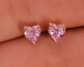 14 Pink Sapphire Stud Earrings, 4mm Stud Earrings, gemstone stud earrings, September Birthstone Earrings, Heart Cut Stud Earrings 14k White