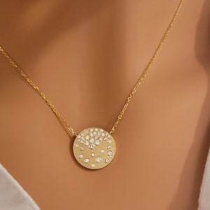 Diamond Circle Disc Necklace in 14k Solid Gold, Round Shaped Multi Stone Anniversary Pendant, Stackable Tiny Coin Jewelry, Wedding Chain Set