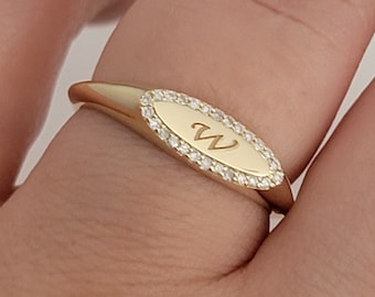 Diamond Signet Ring, Pinky Signet Ring, 14k Gold Signet Ring, Minimalist  Ring, Personalized Diamond Signet Ring,  Handmade Engraved Ring