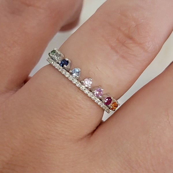 14k Diamond & Gemstone Band, 14k Gold Wedding Band, Half Way Diamond Ring, Unique Wedding Band, Multicolor Ring, Minimalist Dainty Ring