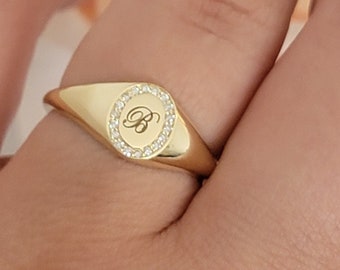 Diamond Oval Pave Signet Ring, 14k Initial Pinky Ring for