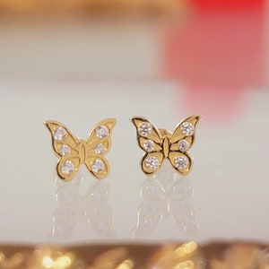 14k Solid Gold Diamond Butterfly Earrings, Small Diamond Studs, Everyday wear, Tiny Stud Earrings, Cute Stud Earrings, Gold Butterfly Stud