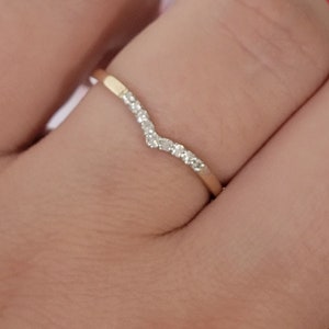 Curved Diamond Ring, Dainty Gold Ring for Women, 14 k Gold Diamond Wedding Band, V Shape Stacking Rose Gold Ring, Matching Band, Bridal Ring