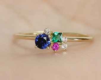 14k Gemstone Ring, Cluster Diamond and Gems Ring, Personalized Ring, Birthstone Ring, Emerald  Ring, Multi stones Ring, Personalized Gift