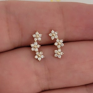 Diamond Earrings, Diamond Stud Earrings, Curved Diamond Flower Cluster Climber, Diamond Flower Earring for Women, 14k Yellow, White,  Rose