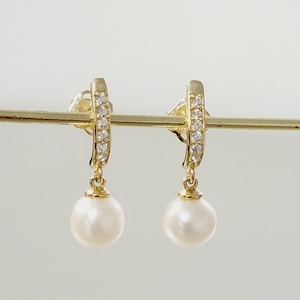 14k Gold Diamond & Fresh Water Pearl Earrings, Dainty Dangle Pearl Earrings, Drop Dangle Huggie Hoop Earring, Diamond Bar Stud Earring