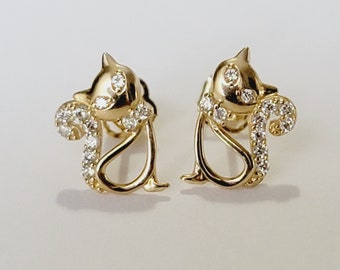 14k Gold Cat Earrings, Diamond Cat Studs, Cat Jewelry, Dainty Natural Diamond Earrings, Minimalist Stud Earrings