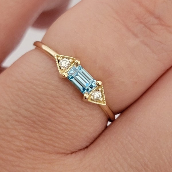 Aquamarine and Diamond Ring, 14k Classic Emerald Cut Aquamarine Ring with Surrounding Diamonds, Birthstone Ring, Birthday Gift, White, Rose
