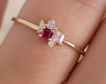 Ruby Diamond Ring in 14k Solid Gold, Cluster Diamond Ring, Personalized Ring, Birthstone Rings, Pink Sapphire and diamond Ring