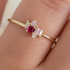 Ruby Diamond Ring in 14k Solid Gold, Cluster Diamond Ring, Personalized Ring, Birthstone Rings, Pink Sapphire and diamond Ring