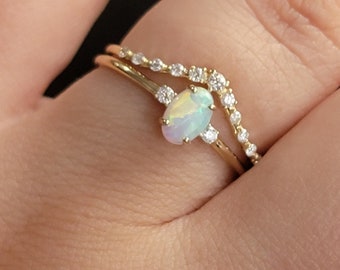 Oval Opal engagement ring set, 14k Gold Vintage Engagement Ring Set, Art deco Bridal set Promise ring Anniversary gift for women, Diamonds