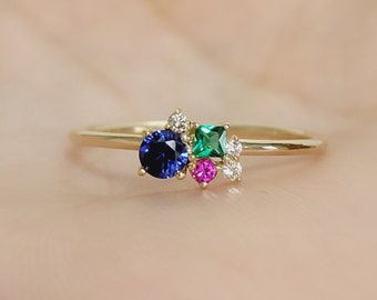 14k Gemstone Ring, Cluster Diamond and Gems Ring, Personalized Ring, Birthstone Ring, Emerald  Ring, Multi stones Ring, Personalized Gift
