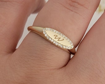 Diamond Signet Ring, Pinky Signet Ring, 14k Gold Signet Ring, Minimalist  Ring, Personalized Diamond Signet Ring,  Handmade Engraved Ring