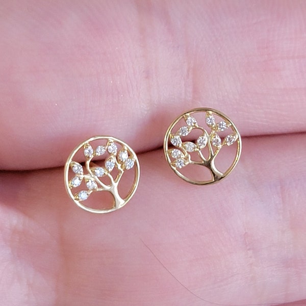 Baum des Lebens Diamant Ohrstecker, Baum Ohrstecker, 14k Solid Gold Ohrringe, Baum Ohrringe, Natur Ohrringe, Diamant Ohrstecker, Echt Gold Ohrstecker