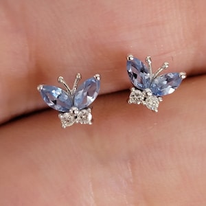 14k Solid Gold and Diamond Minimalist Earrings, Gemstone Stud Earrings, Butterfly Earrings, Diamond Butterfly Studs, Birthstone Studs