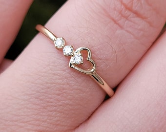 14k Gold Diamond Heart Ring, Dainty Heart Ring, Minimalist Diamond Ring, Statement Ring, Promise Ring for Her