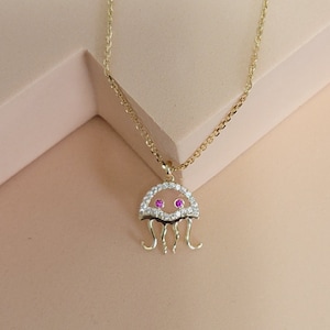 14k Gold Dainty Necklace, Diamond Jellyfish Charm in 14k Gold, Minimalist Necklace, Fine Jewelry Necklace