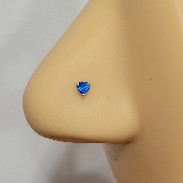 Blue Sapphire Solid Gold Nose Stud, Heart shape Nose Stud, 14k Gold Nose Stud, Sapphire Nose Stud, Blue Nose Stud, Gauge 22 Nose Pin