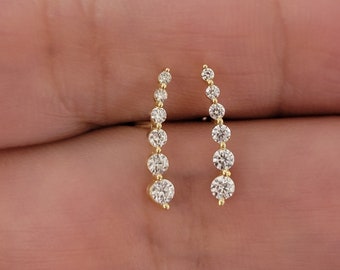 14k Diamond Earrings, Curved Diamond Earrings in 14k Solid Gold, Natural Diamond Ear Climber Earrings, Dainty Diamond Cluster Earrings