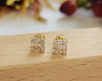 14k Gold Baguette Diamant Ohrringe, Baguette & Runde Diamant Ohrstecker, Zierliche Ohrringe, Minimalistische Ohrringe, Cluster Diamant Ohrringe