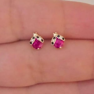 Ladybug Earrings, Ruby Studs Earrings, Black and White Diamond earrings, Lady bug Studs, Diamond Earrings, Girl Jewelry, Gold Earrings Stud