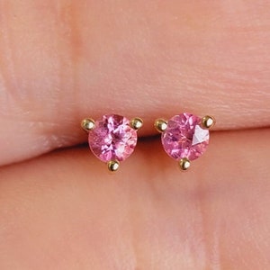 14k Solid Gold Birthstone Stud, Solitaire Pink Sapphire Studs, Dainty Birthstone Earrings, 14k Rose Gold  Mini Pink Sapphire Studs, White