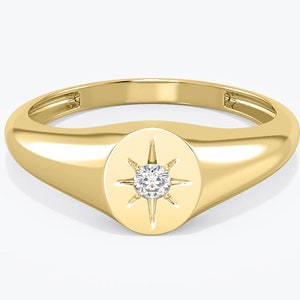 14k Gold Diamond Star Signet Ring, Handmade Oval Ring