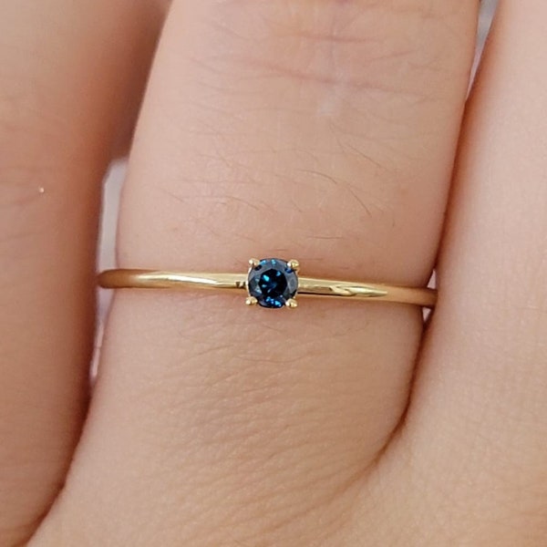 Anello solitario di diamante, anello di nozze di diamante blu minimalista, anello di proposta solitario classico, anello di diamante blu naturale In14k solido oro,