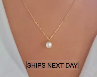 Pearl Necklace in 14k Solid Gold, Freshwater Pearl Necklace, Dainty Pearl Solid Gold Necklace, Minimalist 14k Solid Gold Necklace, White