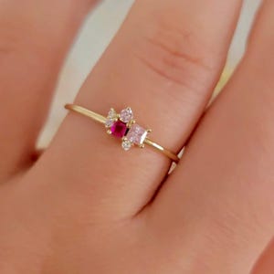 Ruby Diamond Ring in 14k Solid Gold, Cluster Diamond Ring, Personalized Ring, Birthstone Rings, Pink Sapphire and diamond Ring