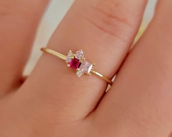 Ruby Diamond Ring in 14k Solid Gold, Cluster Diamond Ring, Personalized Ring, Birthstone Rings, Pink Sapphire and diamond Ring