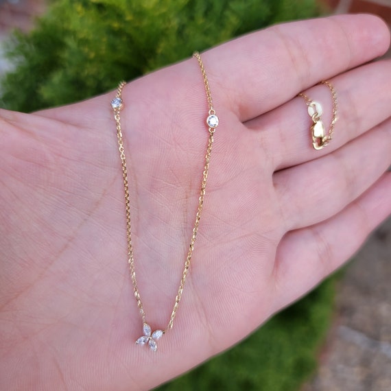 Marquise Flower Diamond Necklace 14k Solid Gold Necklace Bridal