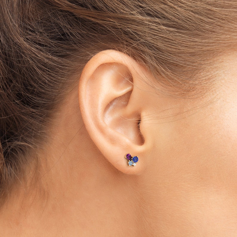 Gemstone Cluster Stud Earrings, Multi-Gemstone Color Earrings, 14K Solid Yellow Gold Birthstone Studs, Anniversary Gift, White Stud Earrings image 3
