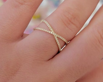 14k Gold Diamond X Ring, Criss Cross Statement Band, Natural Diamonds, Minimalist Style