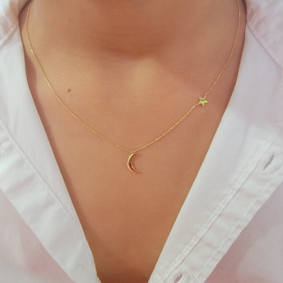 14k Gold Moon Star Necklace: Dainty Crescent Jewelry