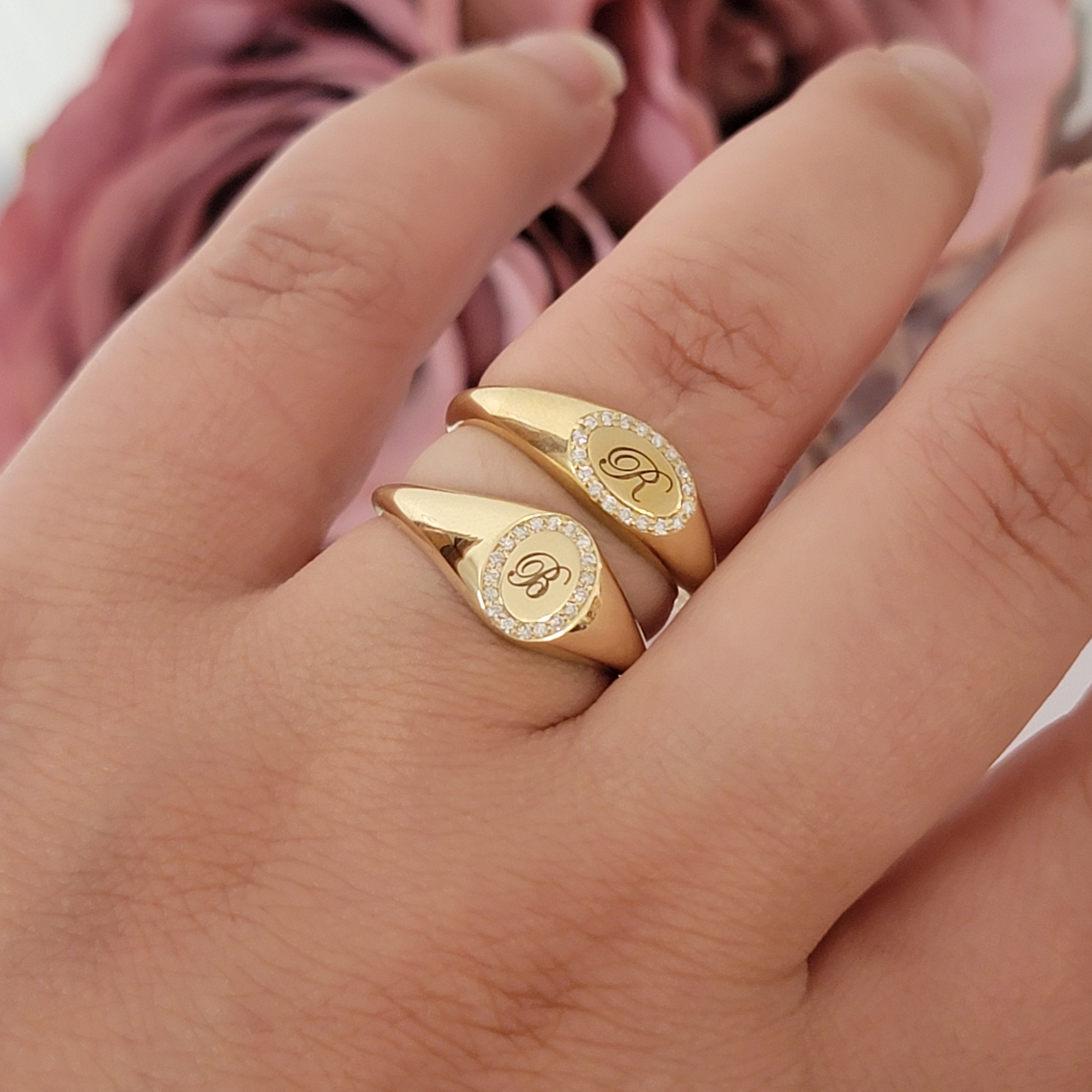 Diamond Oval Pave Signet Ring, 14k Initial Pinky Ring for