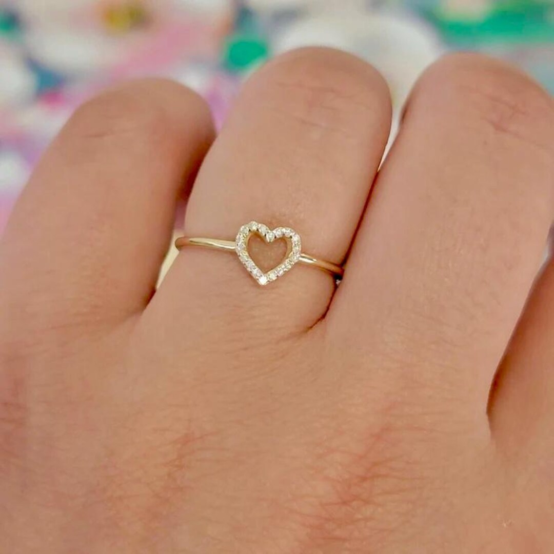Diamond Ring, 14K Solid Gold Open Heart Ring, Natural