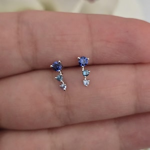 14k Solid Gold Gradient Sapphire Stud Earrings: Aquamarine Blue Gemstone
