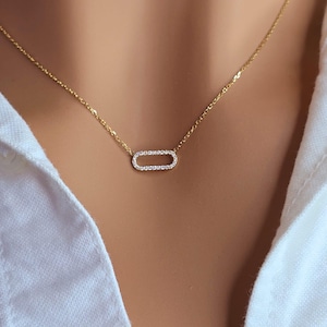 14k Diamond Necklace,Diamond Paperclip Pendant, Oval Diamond Necklace, 14k Gold Layering Necklace, Dainty Link Pendant Necklace, White, Rose