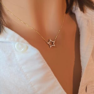 14k Solid Gold Star Diamond Necklace, Small Star Charm, Dainty Gold Necklace, Natural Diamond Necklace, diamond Star Pendant, White, Rose
