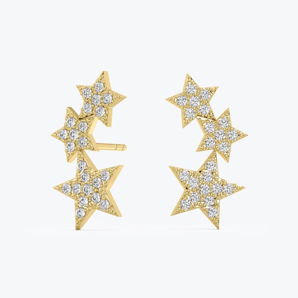 Diamond Star Earring, Single (Half Pair), Diamond Star Ear Climber, 14K Solid Gold Star Diamond Stud, Starburst Diamond Studs, White, Rose