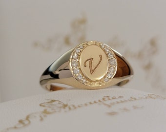 Initial Ring, Personalized Gold Ring, Letter Ring, Diamond Signet Ring, Monogram Ring, Personalized 14k Solid Gold Ring, Engraved Ring